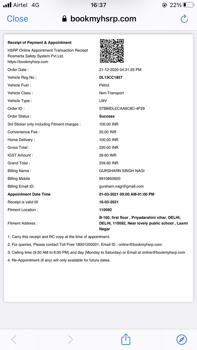 Gursharnnagi's tweet photo. @ArvindKejriwal @nitin_gadkari pathetic service and useless personnel at #bookmyhsrp please see below my receipt https://t.co/oNnNwFo0h7