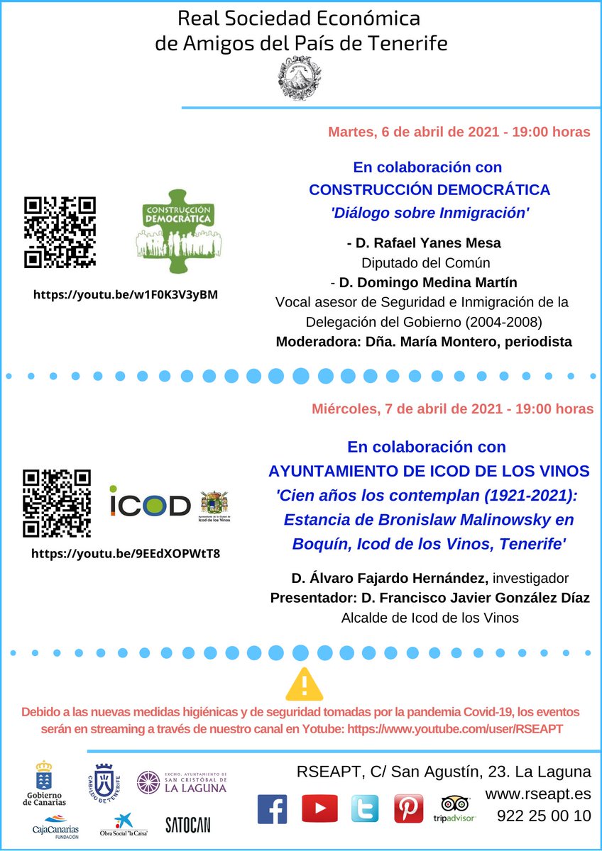 RSEAP_Tenerife's tweet photo. Después del puente de Semana Santa, la @RSEAP_Tenerife reanuda su actividad con conferencias en streaming #Inmigración #Canarias #Malinowsky https://t.co/EcylpnLRSC