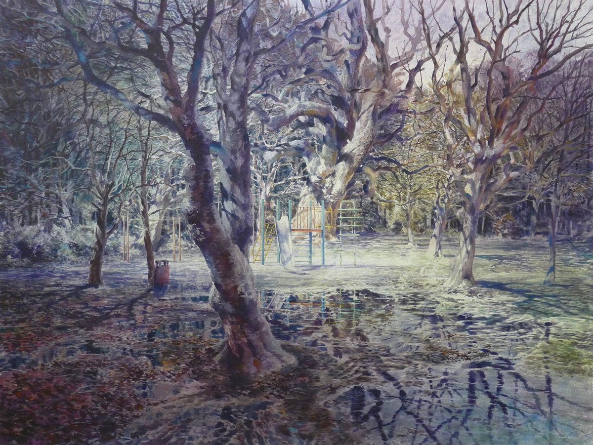 An intriguing image by artist David Forster. 'We will take our children out into the forest (Birnam)' takes its title from Grimm's Fairy Tales. David says: 'Innocence beset by dark, an image for our times, perhaps.' #onetoponder Full RSW exhibition at ow.ly/7HYO50E97Xv