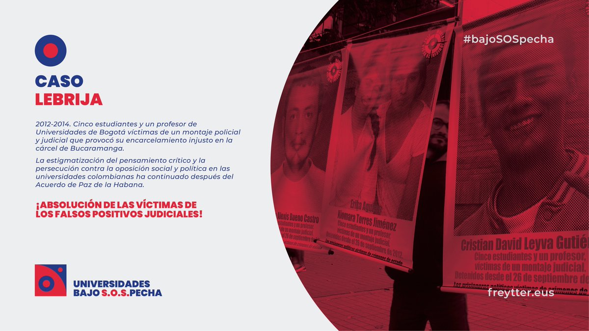 🔴5 ikasle eta irakasle baten kontrako montai-poliziala. 4 urteko kartzela-zigorra jaso zuten (2012-2015)

🚨Kolonbian ohikoa da polizia ikasle mugimenduan infiltratzea.

📢Lebrijako auzipetuetzako absoluzioa!

#bajoSospecha

 #SOSuniversidades