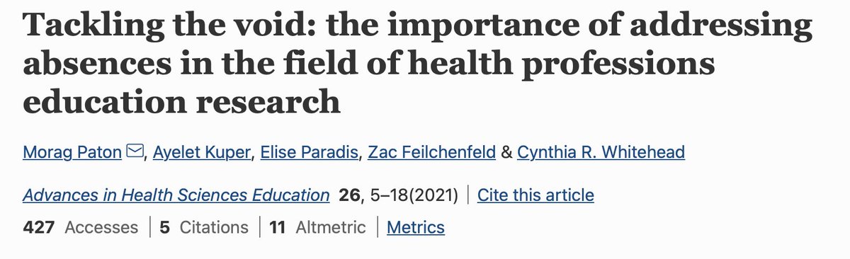 Dr. Lara Varpio (@laravarpio) on Twitter photo I'm working with some new & long-standing friends thinking about blind spots in #meded #hpe
This article has helped me think more deeply about those absences.
Many thanks to these authors & <a href="/advhlthsciedu/">Advances in Health Sciences Education</a> for pushing our thinking about the things we don't attend to I'm working with some new & long-standing friends thinking about blind spots in #meded #hpe
This article has helped me think more deeply about those absences.
Many thanks to these authors & <a href="/advhlthsciedu/">Advances in Health Sciences Education</a> for pushing our thinking about the things we don't attend to