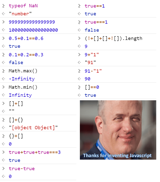 Manz's tweet photo. Es habitual encontrarnos este meme sobre #Javascript. Es gracioso porque aparentemente da resultados ilógicos e impredecibles.

Sin embargo, tienen su lógica si entendemos que está pasando. Y como no es tan común encontrar tweets donde lo expliquen, voy a intentarlo.

Abro hilo. https://t.co/Oy0MJhAerg