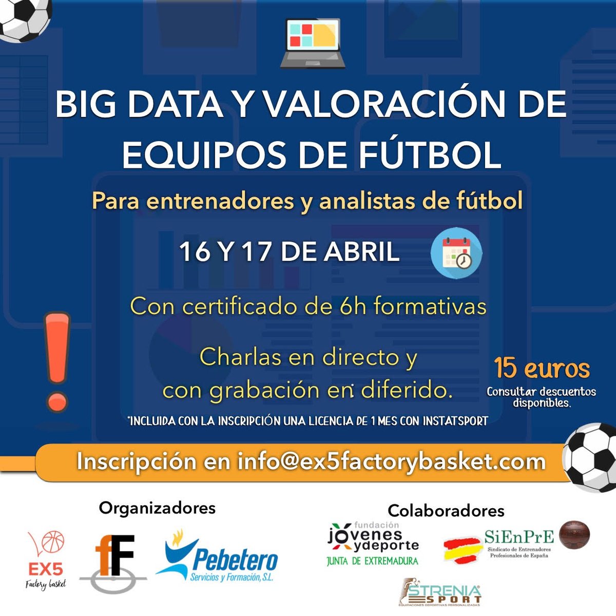 📚 Curso de BIG DATA valoración Equipos Fútbol, para entrenadores y analistas💻 Charlas en directo y diferido
📆 16-17 Abril📝 Inscripción: forms.gle/Ak6T5LaqJuZJCB…
⌚ 16 Abril 16-20h y 17 Abril 10-12h
📋 Certificado formativo aprovechamiento
💰 15€ (10€ alumnos Pebetero)