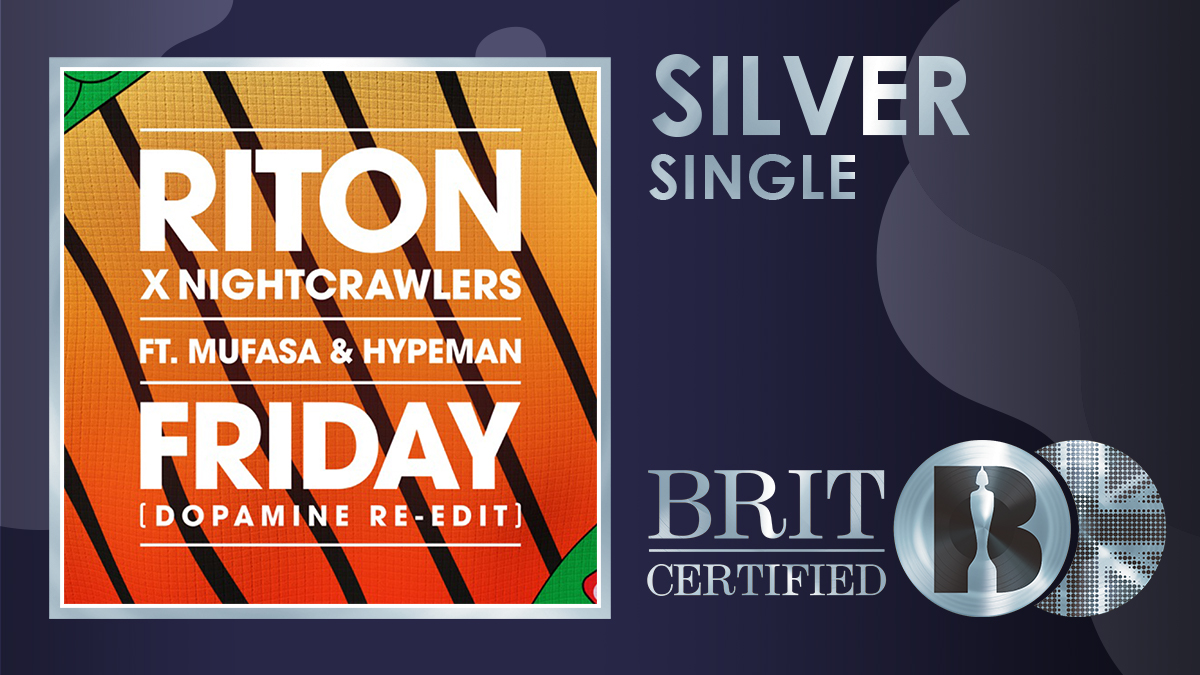 🕺 It's Friday again! <a href="/Ritontime/">ritontime</a> and <a href="/NightcrawlersJ/">Nightcrawlers</a>'s 'Friday' with <a href="/mufasatweetss/">mufasa</a>, <a href="/_thehypeman/">C.T.</a>, and <a href="/trustdopamine/">Dopamine</a> is now #BRITcertified Silver! 💿