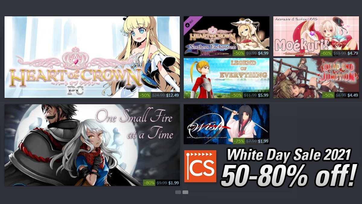 culture_select's tweet photo. Culture Select White Day Sale ends in 2 HOURS! Heart of Crown PC, Moékuri: Adorable &amp; Tactical RPG, Dead End Junction and more: 50-80% off! Pick up these great anime games and VNs on Steam before time runs out! #indiegame #visualnovel #hocpc https://t.co/yigR1kkjEu https://t.co/a4J3NNXF4I