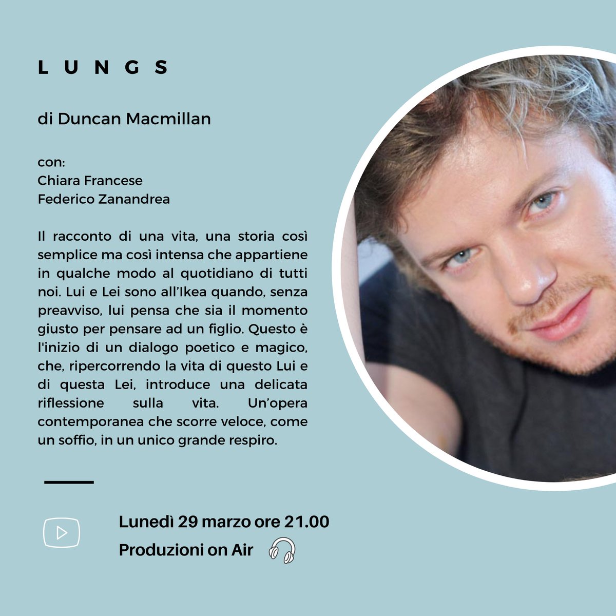Quarto e ultimo appuntamento di #ilunedìdimarzo: #Lungs, di #DuncanMacmillan, con #FedericoZanandrea 🎧
#tickets👉@VivaTicket 
#podcast #audiostagione #clapsinonda
teatrodelfino.it/myportfolio/i-…