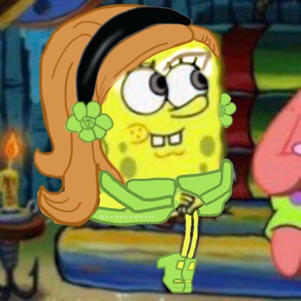 Yellow sponge Bob Ariana grande green dress earrings hair headband sitting  pretty positions singer heels cartoon listening reaction picture meme