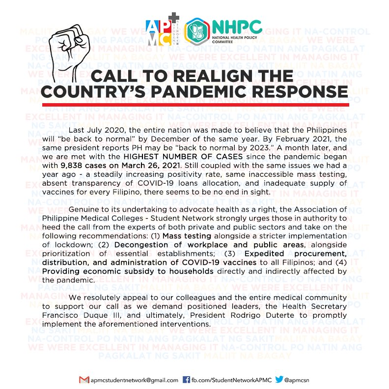 apmcsn's tweet photo. APMC-SN adamantly reiterates solutions recommended by public and private experts. We urge our colleagues, health-allied professionals, and all concerned citizens to join our call for immediate government response to realign the country's pandemic response.
#IgniteAPMCSN https://t.co/kTyVCOORp8