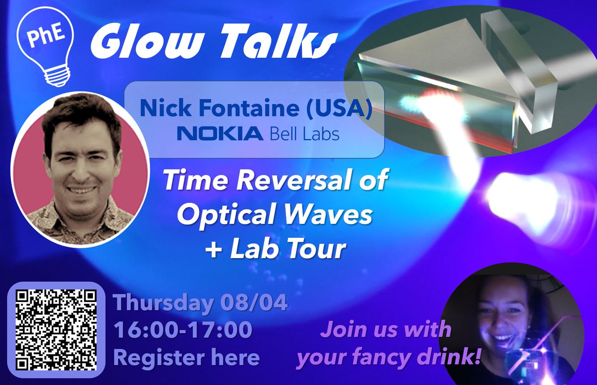 In two weeks, we will host our first edition of the PhE Glow Talks. The first Glow Talk will host Nick Fontaine (Nokia Bell Labs). He will tell us about his research on the time-reversal of optical wave and will give us a special Bell Labs USA lab tour🤩!! phe.tue.nl/event/2021/03/…
