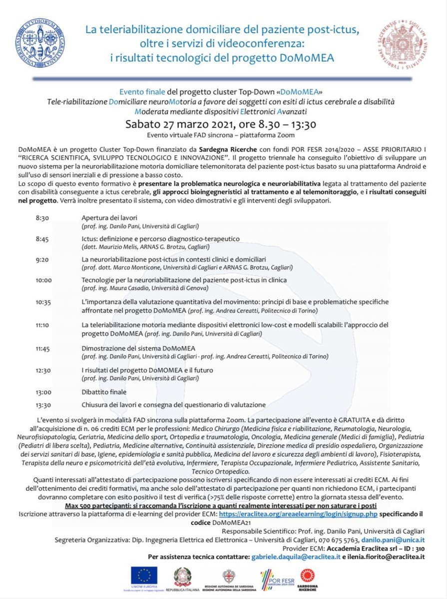 📌𝗘𝘃𝗲𝗻𝘁𝗼 𝗳𝗼𝗿𝗺𝗮𝘁𝗶𝘃𝗼 𝗘𝗖𝗠

Sabato 27 marzo 2021
dalle 8:30 alle 13:30

È ancora possibile iscriversi per partecipare al #finalmeeting del progetto #cluster top-down DoMoMEA: lnkd.in/dXmT3hT
⬇Locandina dell'evento con il programma completo degli interventi