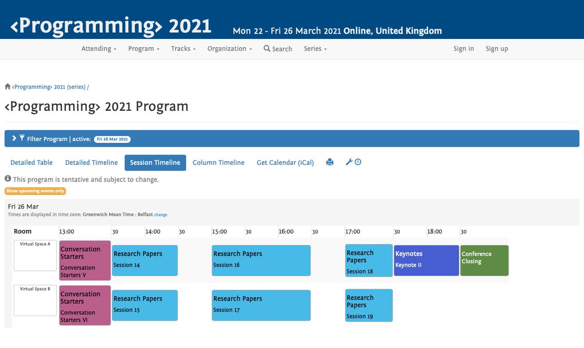 programmingconf's tweet image. It's already the last day of the conference but it's not over yet! Here's the #prog21 program for today:
- Conversation Starters
- Research Papers
- Closing Keynote by Guy Steele
- Conference Closing
➡️ 2021.programming-conference.org/program/progra…