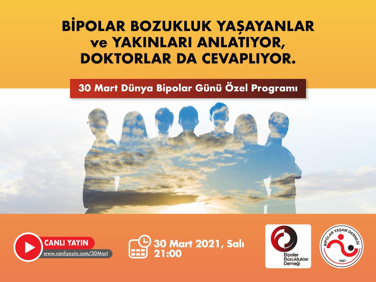 📣 #30MartDunyaBipolarGunu bipolar bozukluğu yaşayan hasta ve hasta yakınları yanı sıra bu alanda çalışan uzman hekimlerin katılımıyla youtube üzerinden canlı yayın gerçekleştireceğiz. Bipolar bozuklukla alakalı sorularınızı yorum kısmından bize iletebilirsiniz. #WorldBipolarDay