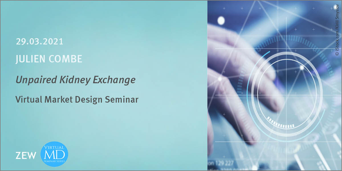 ZEW's tweet photo. #SaveTheDate: Am 29. März spricht @CombeJu @Polytechnique über einen neuen #Matching-Algorithmus bei Lebendnierenspenden im #VirtualMarketDesign-Seminar @VMDSeminar von @KITKarlsruhe, @UniBonn, @UniCologne, @AssasParis2 & #ZEW ▶Mehr Infos https://t.co/k8ocyXEGNx #Marktdesign https://t.co/QoXNBRBZET