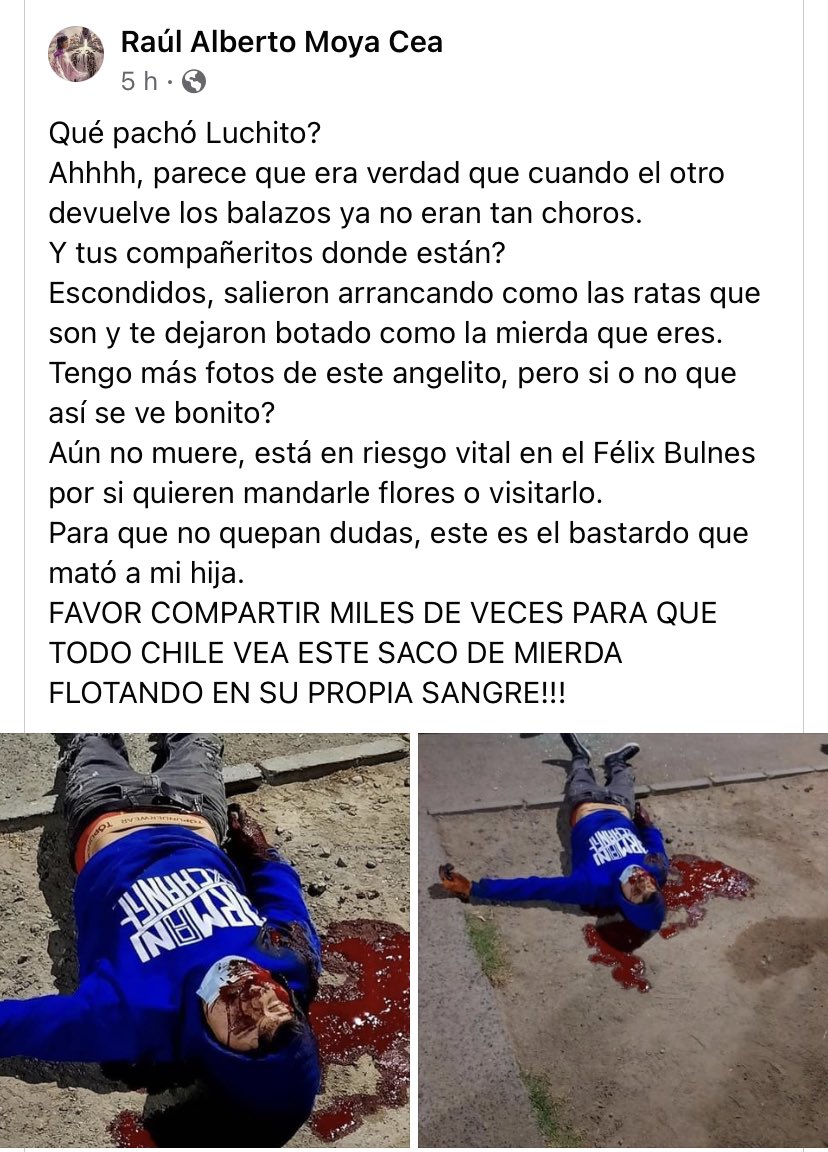 Pitucienta_cl's tweet photo. El que a hierro mata, a hierro muere. Luis Rojas Barraza, 16 años, asesinó a Tamara Moya de 5 años en un intento de encerrona a su mamá. Anoche, a las 22.30 hrs intentaron hacer otro robo contra un carabinero de civil. De un balazo en la cara y después de 5 horas, esta rata murió https://t.co/gYrZB5nES7
