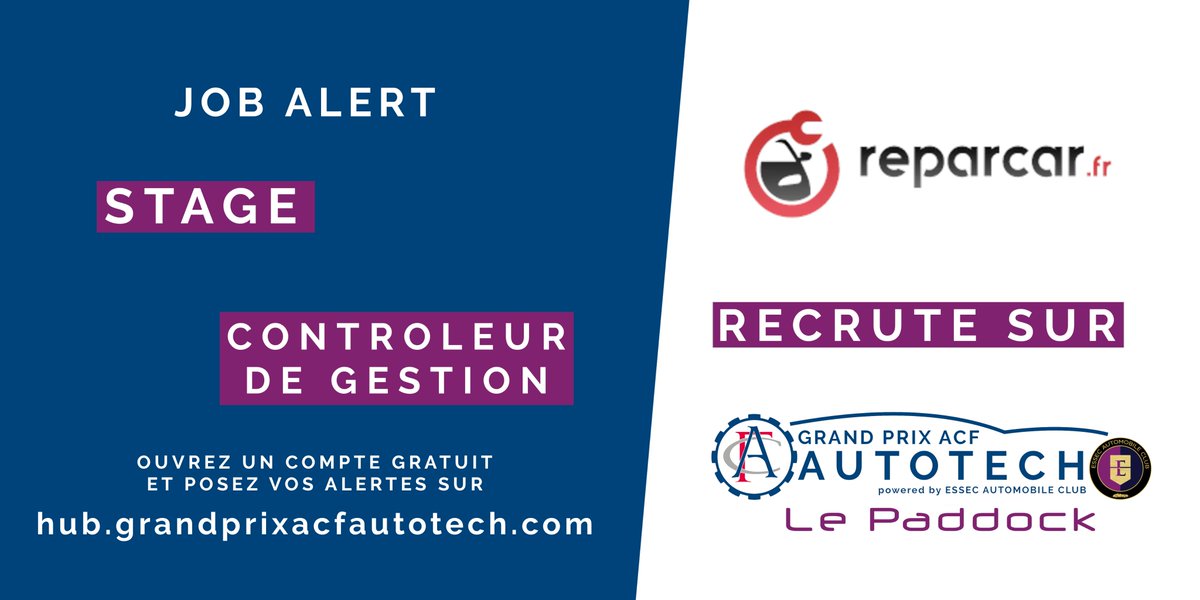 gpacfautotech's tweet image. @ReparcarFr #Job recrute sur #GPACF2021 Le Paddock un contrôleur de gestion en #stage ! partagez son annonce avec votre entourage @essecalumni Accès direct à l'annonce : tinyurl.com/3ysvpsnx #Startups #AutoTech #Innovation @FranceAutoTech #jobsearch
