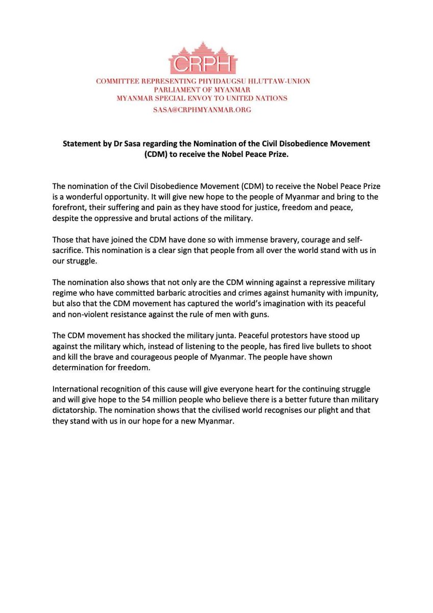 CrphMyanmar's tweet photo. Statement by @DrSasa22222 regarding the Nomination of the Civil Disobedience Movement (CDM) to receive the Nobel Peace Prize https://t.co/8vePvBJxvF