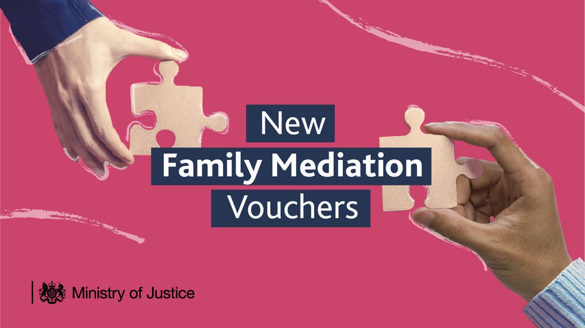 MoJGovUK's tweet photo. We’re offering up to £500 in mediation vouchers to help resolve children-centred family disputes outside of court.

During mediation a professionally trained, independent mediator helps find a solution that works for both parties.

More info here: https://t.co/r6iX1u6Lz4 https://t.co/3KY5FKqYmw