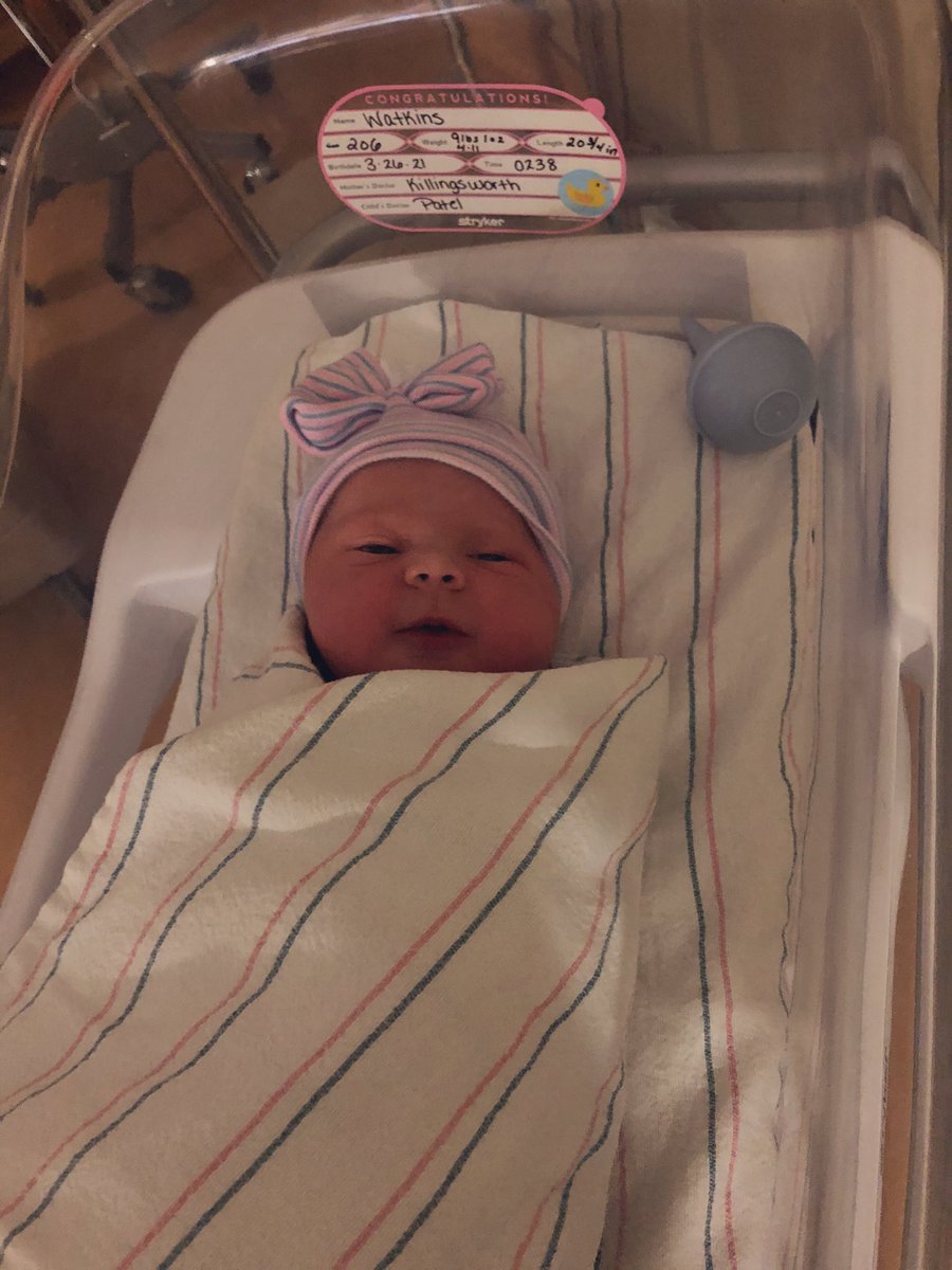 DrKrisWatkins's tweet photo. We are excited to welcome #NaomiGraceWatkins into the world!She was born at 2:38am this morning and weighs 9lbs 1oz and was 20 3/4 inches. 

Mother and baby are both doing well. 
#TheWatkinsFamilyIsGrowing https://t.co/wdj8oUH8s3