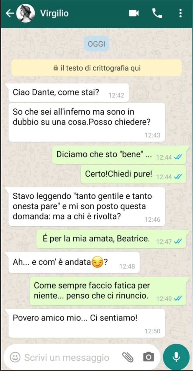 brismondots's tweet photo. Tiziano finge una conversazione su whatsapp tra Dante e Virgilio... #DanteSocial 
@MuseFVG https://t.co/KCgwBzR9TA