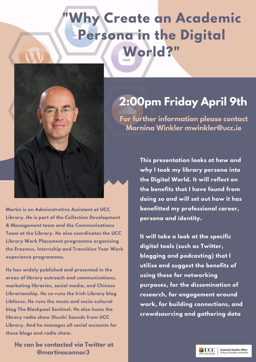 MarninaW's tweet photo. Looking forward to the next PhD chat with @martinoconnor3 on April 9! Let me know if you want more information about joining the discussion! #ucc #uccphdchat #UCCGSO  #phdforum #digitalworld https://t.co/RzLQWsVl7t