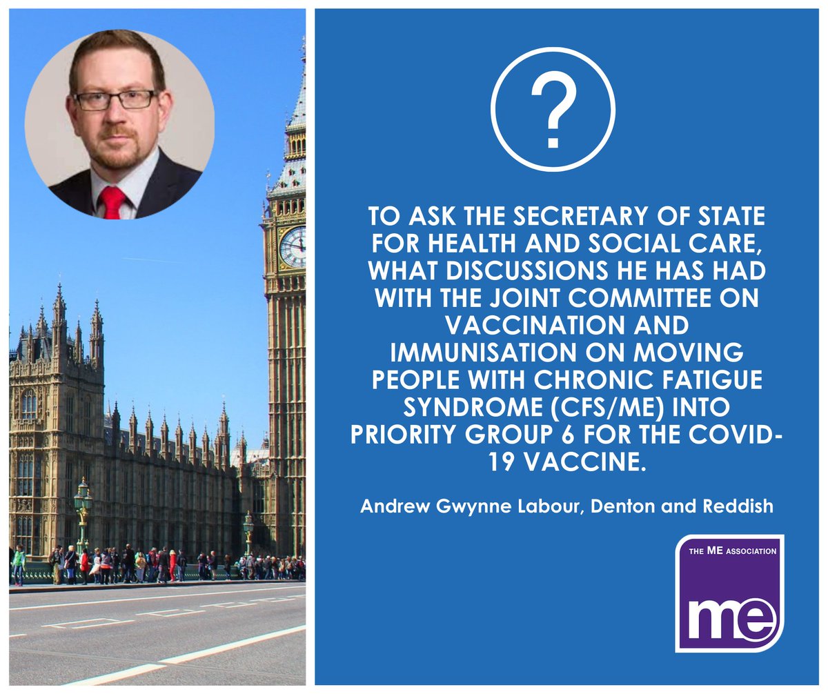 MEAssociation's tweet photo. Andrew Gwynne Labour, Denton and Reddish asks this parliamentary question - An answer is pending. 
@GwynneMP

https://t.co/nin4HisOQB

#pwME #MECFS #covidvacccine #covidpriority #Group6 https://t.co/FLJxeIqQoe