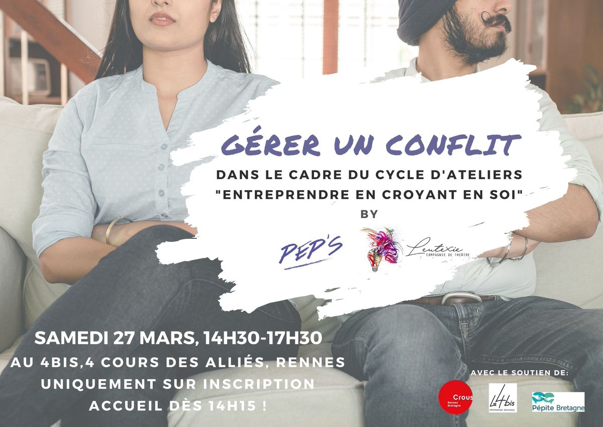PepsAsso's tweet photo. Atelier pour les jeunes entrepreneurs/porteurs de projets: COMMENT BIEN GERER UN CONFLIT ?

📍 4bis, 4 Cours des Alliés, 35000 Rennes
🗓️ samedi 27 mars
⏰ de 14h30 à 17h30
👉 Gratuit sur INSCRIPTION: https://t.co/TvyPgCMtVb https://t.co/AeURdsqfgx