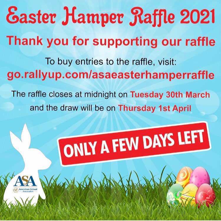 AmershamSchASA (@amershamschasa) on Twitter photo Spring into action & snaffle some raffle tickets to win one of our fabulous Easter hampers! We’ve at least 10 hampers up for grabs so have a flutter and raise funds for <a href="/AmershamSchool_/">AmershamSchool</a> at the same time! <a href="/AmershamSchHead/">Sharon Jarrett M.B.E</a> will be doing the draw on April 1. 🥳🐇🐣💝 Spring into action & snaffle some raffle tickets to win one of our fabulous Easter hampers! We’ve at least 10 hampers up for grabs so have a flutter and raise funds for <a href="/AmershamSchool_/">AmershamSchool</a> at the same time! <a href="/AmershamSchHead/">Sharon Jarrett M.B.E</a> will be doing the draw on April 1. 🥳🐇🐣💝