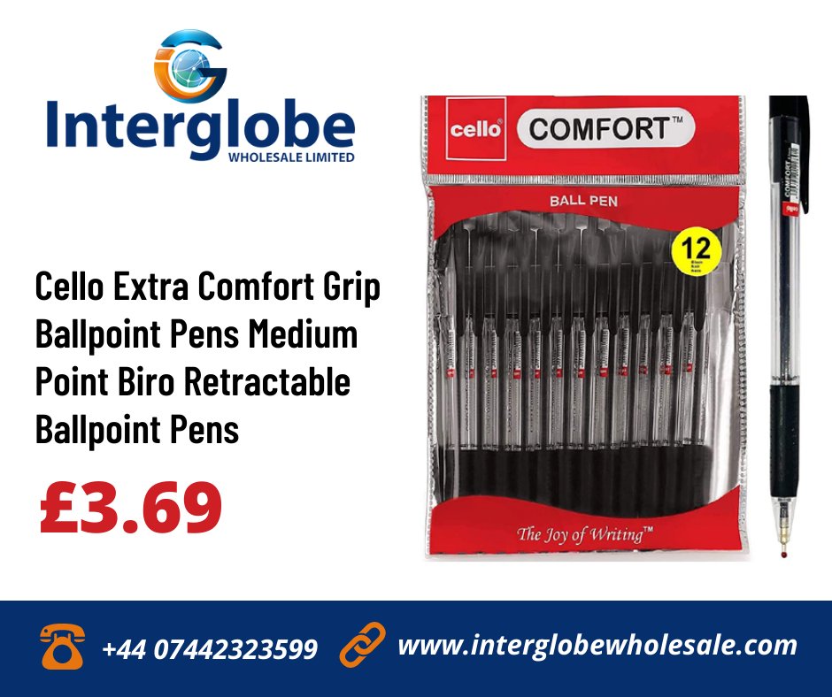 InterglobeW's tweet image. Cello Extra Comfort Grip Ballpoint Pens Medium Point Biro Retractable Ballpoint Pens – (1.0 mm), Pack of 12, Black Pens
£3.69

interglobewholesale.com

#stationery #cellopen #buypenonline