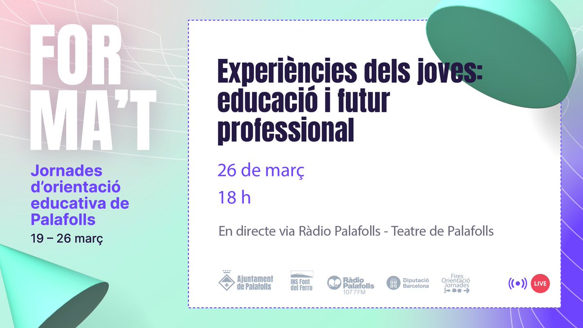 AjuntamentPLF's tweet photo. 🔴Aquesta tarda acaben les Jornades d'Orientació #FormatPLF, amb dues activitats finals👇
📆16:30h, Teatre de carrer amb Bigvanciencia
📍Exterior de @CanBatlle
📆18h, Experiències dels joves: educació i futur professional
📲En directe a @radiopalafolls 📍Teatre de Palafolls https://t.co/kp5J559whB