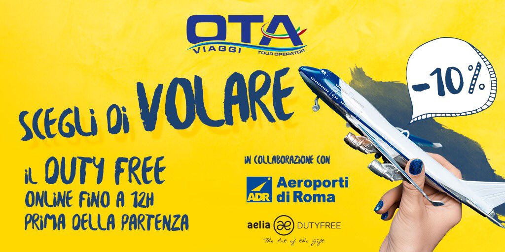 OtaViaggi's tweet photo. Ota Viaggi e Aeroporti di Roma danno il via ad una collaborazione. Click &amp; Collect è il servizio che permette ai clienti che prenotano con Ota ,scegliendo il Pacchetto Volo con partenza da Roma Fiumicino, di prenotare online i prodotti del Duty Free con uno sconto del 10%. https://t.co/QmtEuRQWFI