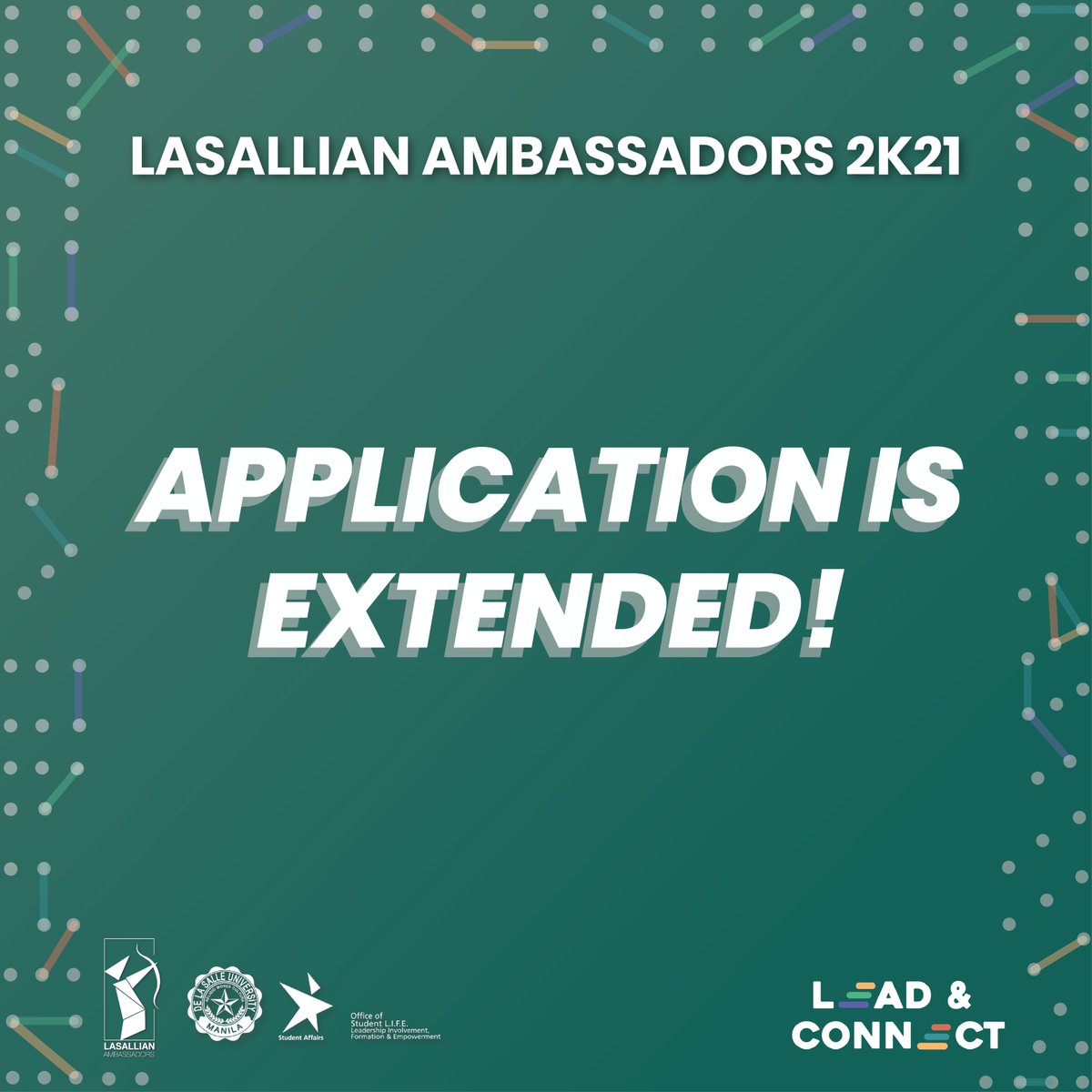 DLSU_LAMB's tweet photo. APPLICATION IS EXTENDED!
This is your last chance to be a Lasallian Ambassador this academic year! You may register through this link: https://t.co/pALhP7zUpX
Make sure to fill up the application form that you may access through: https://t.co/ercw4msJ3o
#LAmb2K21
#LeadAndConnect https://t.co/MY7C579zoe