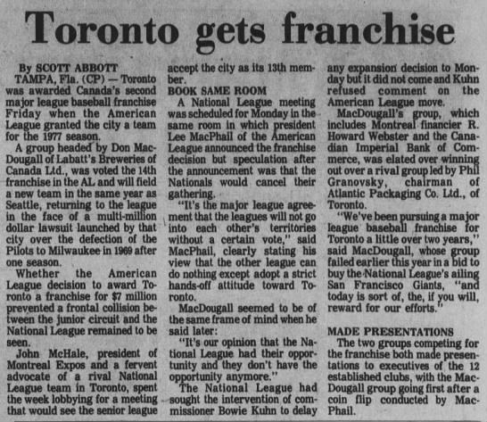 coopincanada's tweet photo. #OTD 45 years ago, the American League awards a Toronto group, headed by Labatt's, a major league franchise. The expansion franchise fee is $7 million.

And with this, the Toronto Blue Jays (to be nicknamed later) are born.

CP report below.

#BlueJays https://t.co/EzuLu0Ove1