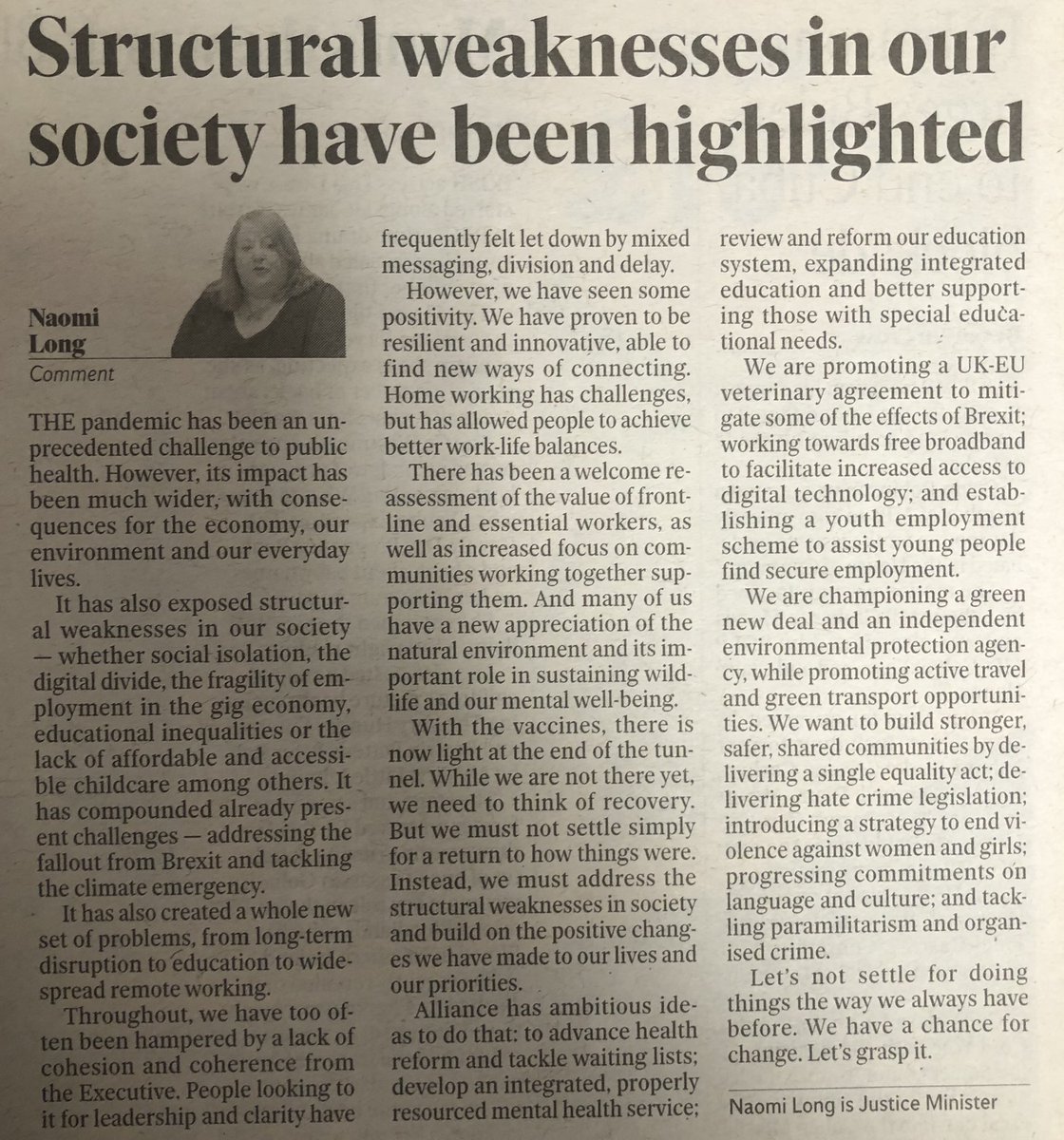allianceparty's tweet photo. Ahead of the virtual #APNI2021 conference this weekend, Alliance Leader @naomi_long writes in todayβs @BelTel about how we have #AChanceToChange and we must grasp it as we come out of the pandemic.
https://t.co/72lF9YNFcq https://t.co/udeKm82WWo