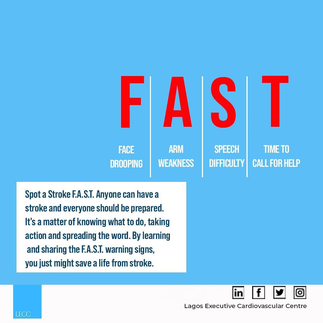 LECCENTRE's tweet photo. By learning and sharing the F.A.S.T warning signs, you just might save a life from stroke. 
If anyone around you shows any of these symptoms, even if the symptoms go away, call us for help or get them to the hospital immediately. Call +234 365 1737 or email frontdesk@thelecc.com https://t.co/cZOAtmKIKg