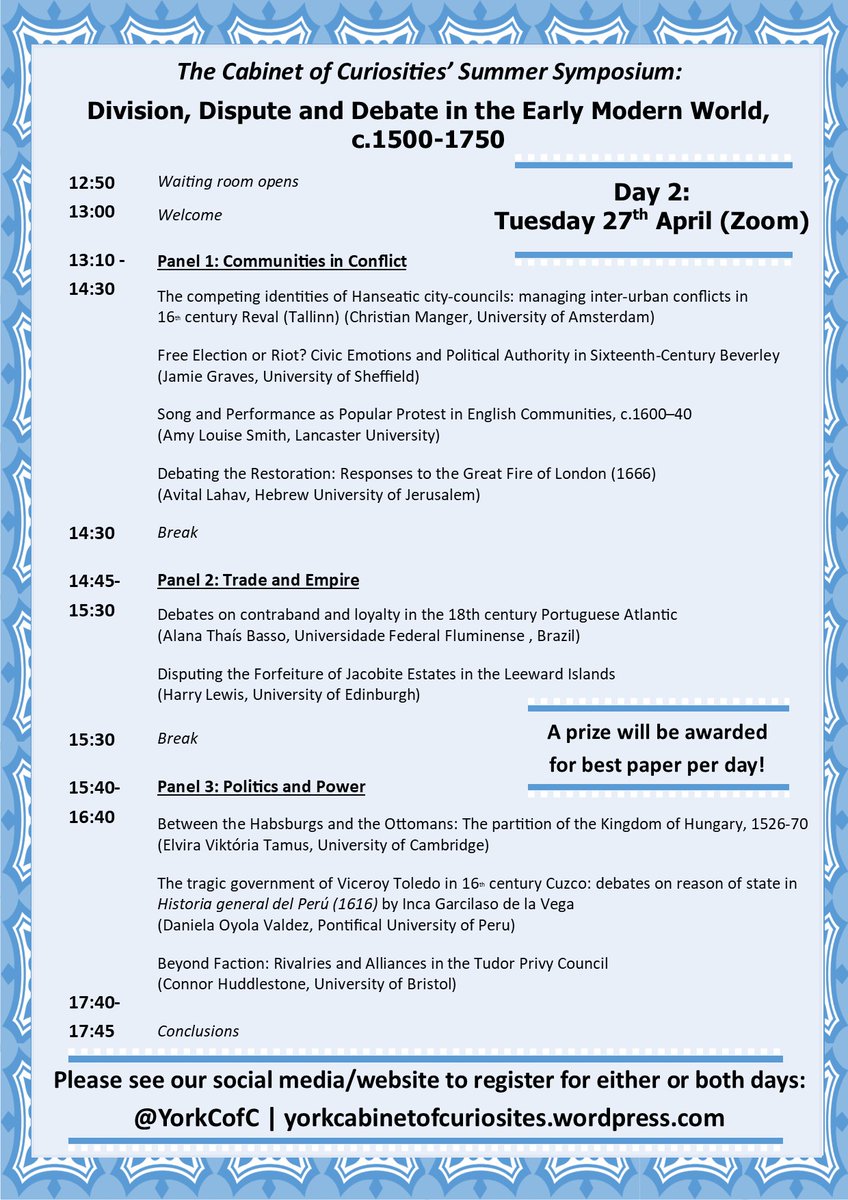 YorkCofC's tweet photo. 📢 Exciting Friday news! We are thrilled to present the programme for 'Division, Dispute and Debate in the Early Modern World' ft. a fantastic range of speakers &amp; papers. The symposium takes place 26-27 April. Please sign up for one/both days using the Zoom links ⬇️ &amp; share/RT! https://t.co/vaPgfn7Dkk