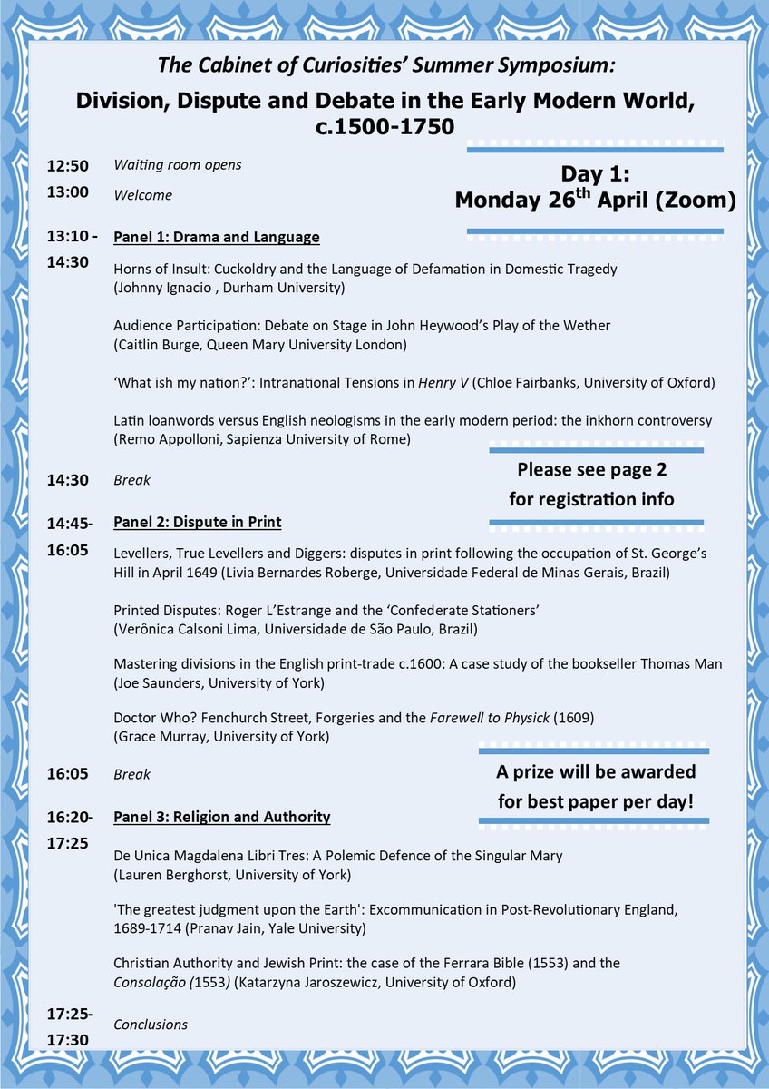 YorkCofC's tweet photo. 📢 Exciting Friday news! We are thrilled to present the programme for 'Division, Dispute and Debate in the Early Modern World' ft. a fantastic range of speakers &amp; papers. The symposium takes place 26-27 April. Please sign up for one/both days using the Zoom links ⬇️ &amp; share/RT! https://t.co/vaPgfn7Dkk
