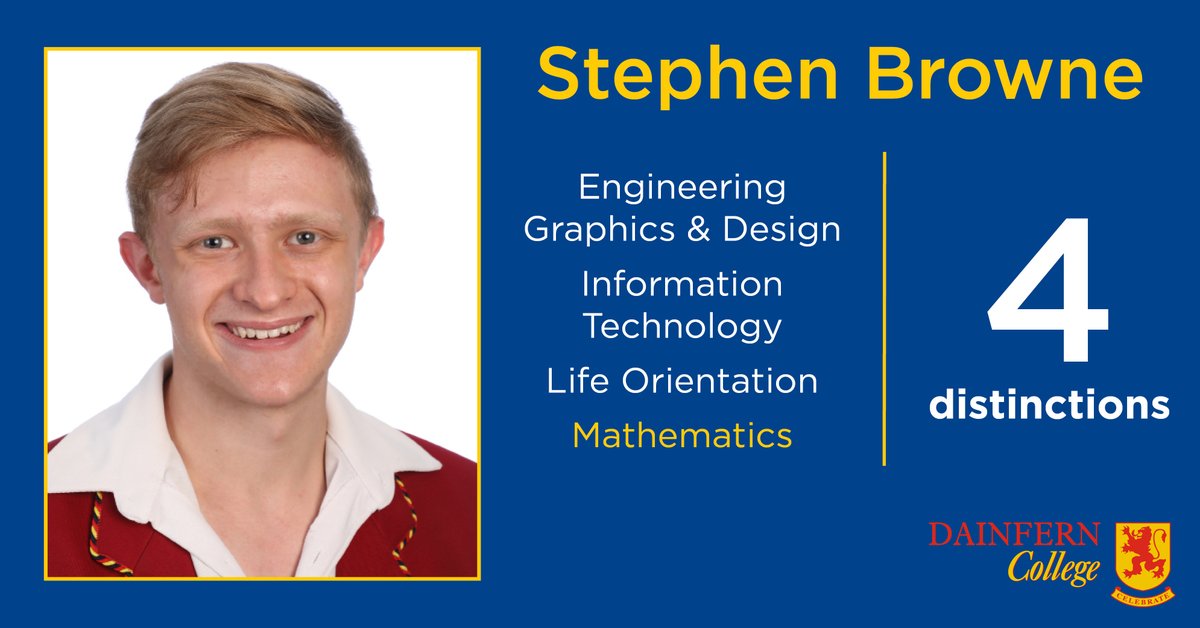 DainfernCollege's tweet photo. Following a re-mark for his Mathematics exam, Stephen Browne now has four distinctions for Matric - congratulations!

#MatricResults2020 #Matric2020 #ClassOf2020 #DainfernCollege #Celebrate https://t.co/Y3bug6RWIs