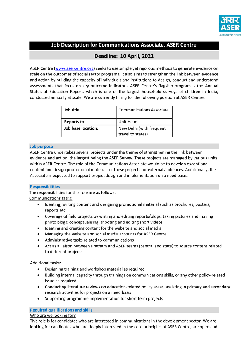 asercentre's tweet photo. ASER Centre is #hiring a #Communications Associate!
Check the post below for the detailed job description and tag those who may be interested! The deadline for applications is 10 April, 2021.
All applications must be emailed to
asercommunications2018@gmail.com https://t.co/6i6G4hDlrz