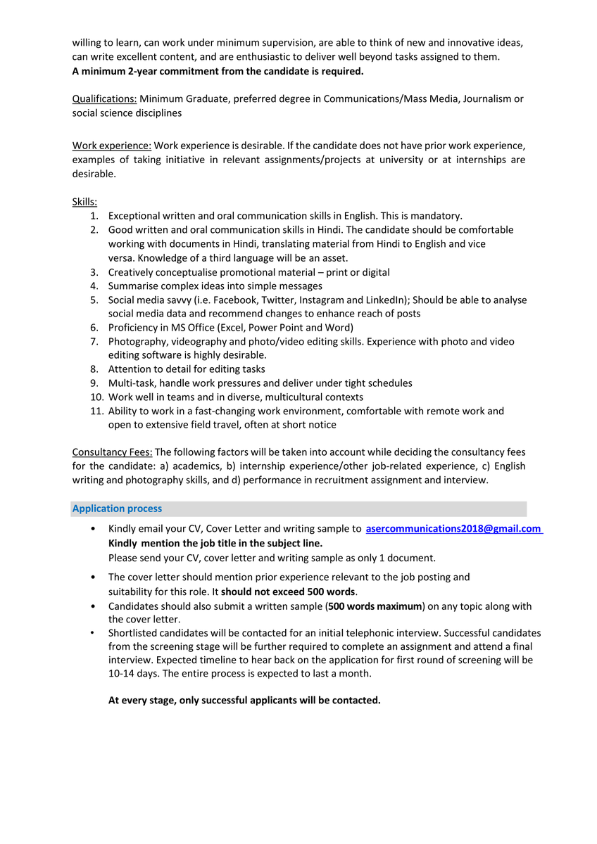 asercentre's tweet photo. ASER Centre is #hiring a #Communications Associate!
Check the post below for the detailed job description and tag those who may be interested! The deadline for applications is 10 April, 2021.
All applications must be emailed to
asercommunications2018@gmail.com https://t.co/6i6G4hDlrz