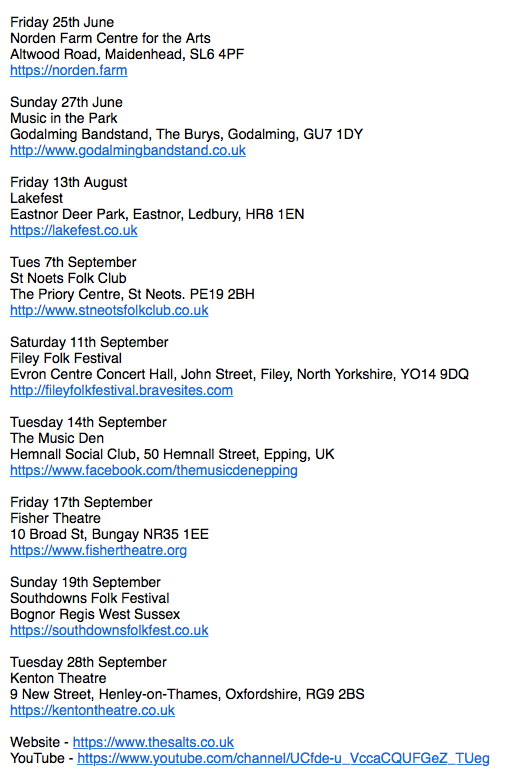 Sea shanties have become even more popular at the moment and The Salts @thesaltsband have just announced some live dates later this year. Here is where you can see them: