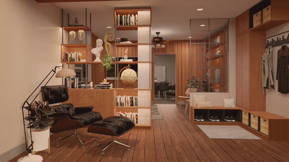 vin__villanueva's tweet image. 3D rendering I did for our CAD3 Midterms. A living room designed for a bank manager who loves to read and a fashion stylist with a ceramic jar collection. 

Workflow:SketchUp 2020 &amp;gt; Vray Next &amp;gt; Photoshop CS6 

#3D #sketchup #vraynext #interiordesign #charleseames #miesvanderrohe