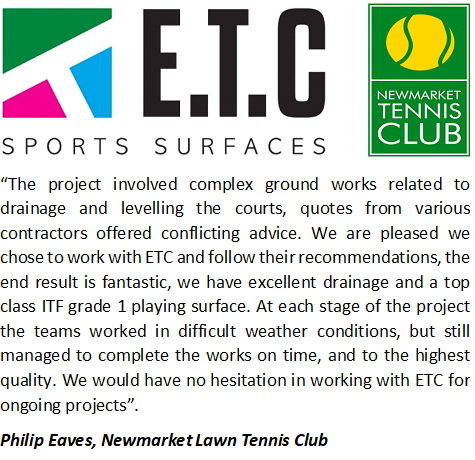 etcsports's tweet photo. congratulations to Newmarket Lawn Tennis Club who have won Suffolk LTA Club of the Year! Last year we resurfaced 3 of their outdoor courts with artificial clay and colour sprayed 3 macadam courts inside their air dome https://t.co/31GNqDYXjm #artificialclay #colourspray #tennis https://t.co/cLhayJGWCp