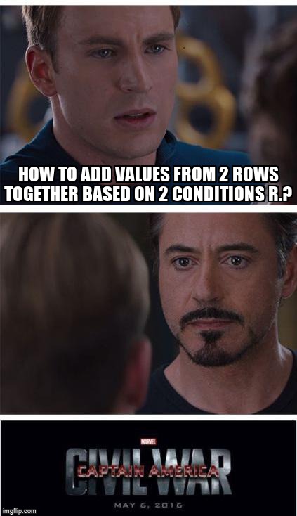 overflow_meme's tweet image. How to add values from 2 rows together based on 2 conditions R.? stackoverflow.com/questions/6681… #r #variableassignment