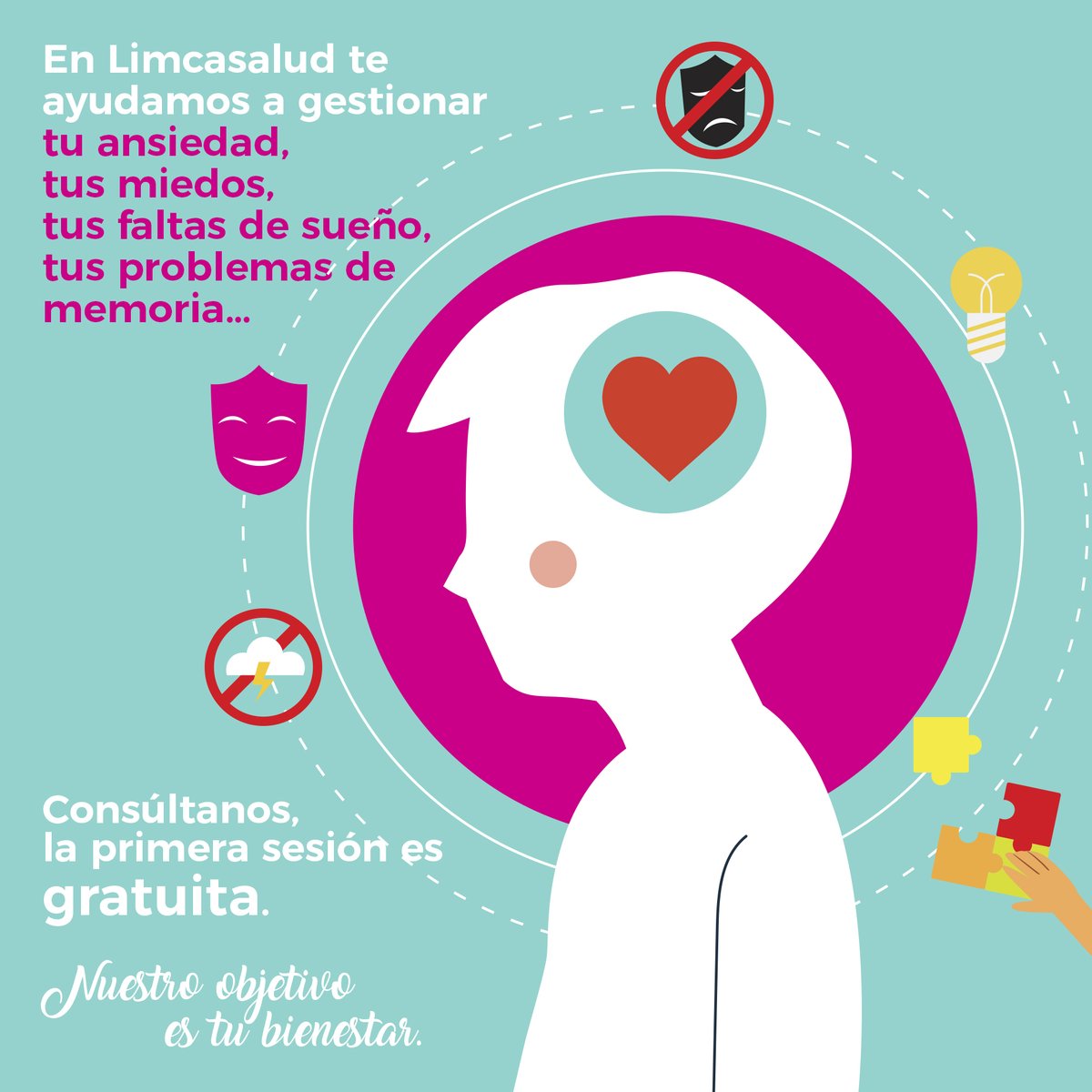 En Limcasalud te ayudamos a gestionar tu ansiedad, tus miedos, tus faltas de sueño, tus problemas de memoria… consúltanos, la primera sesión es gratuita. Nuestro objetivo es tu bienestar 😊. 
📞923 19 34 92