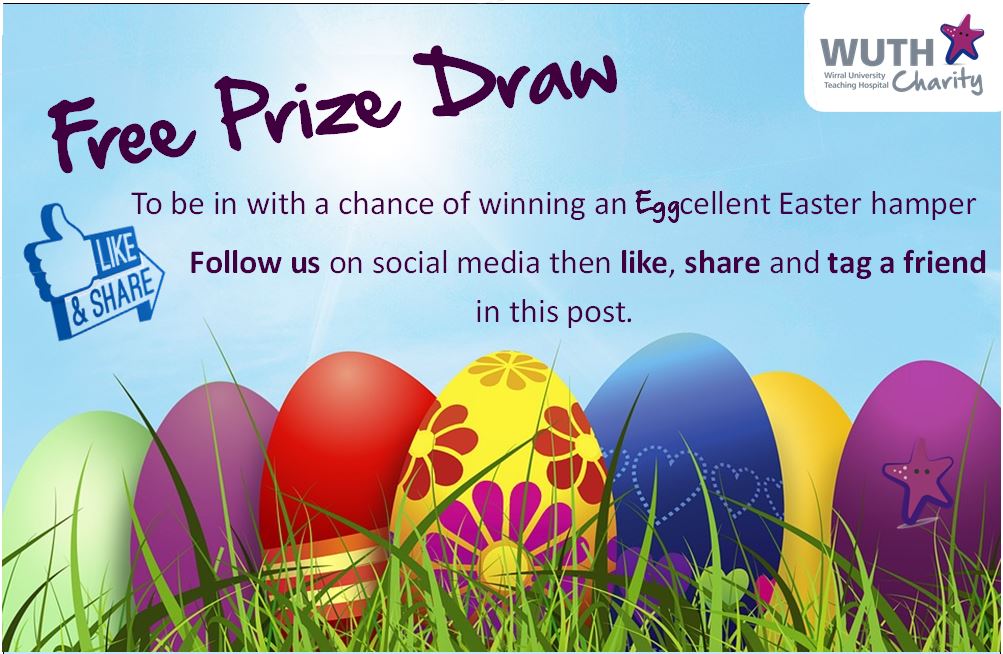 FREE PRIZE DRAW!! To be in with a chance of winning an Eggcellent Easter Hamper. Follow us, tag a friend then like and share this post! Winner will be contacted next week. The hamper must be collected from the Charity Office in Arrowe Park by mid-day on Thursday 1st April 🐰