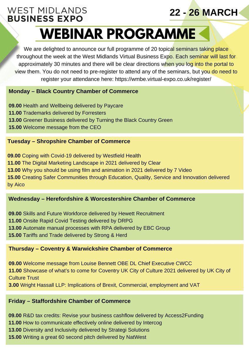 cwchamber's tweet photo. #WMBIZWEEK | The West Midlands Business Expo features 20 topical business webinars
Today's programme is delivered by @StaffsChambers
These events can be accessed via the Seminar Theatres tab on the main page at any time once live.
Register here- https://t.co/UybLANuCRw https://t.co/NWlJoK7XHE