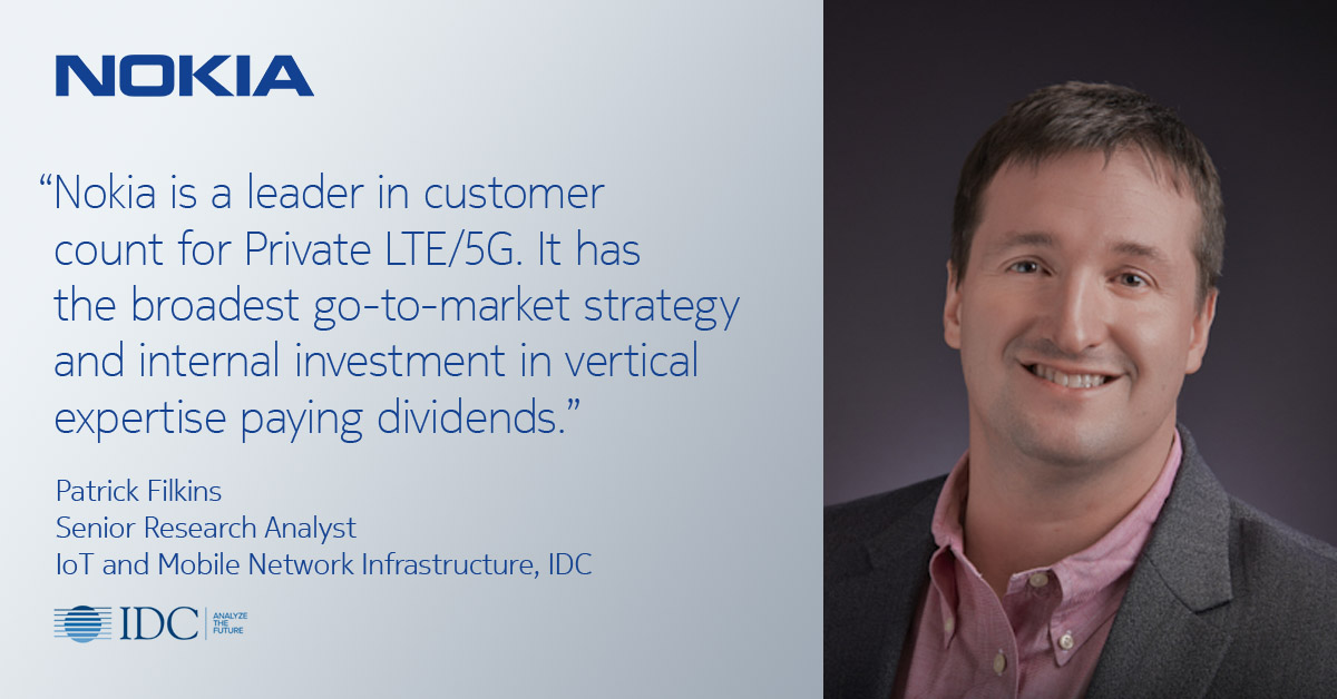 nokiaindustries's tweet photo. We were recently recognized by @PFilkinsIDC of @IDC for the way we are supporting customers with #PrivateLTE and #5G. Learn more. https://t.co/2I8zmdBauC https://t.co/yG1Qx9p2ew