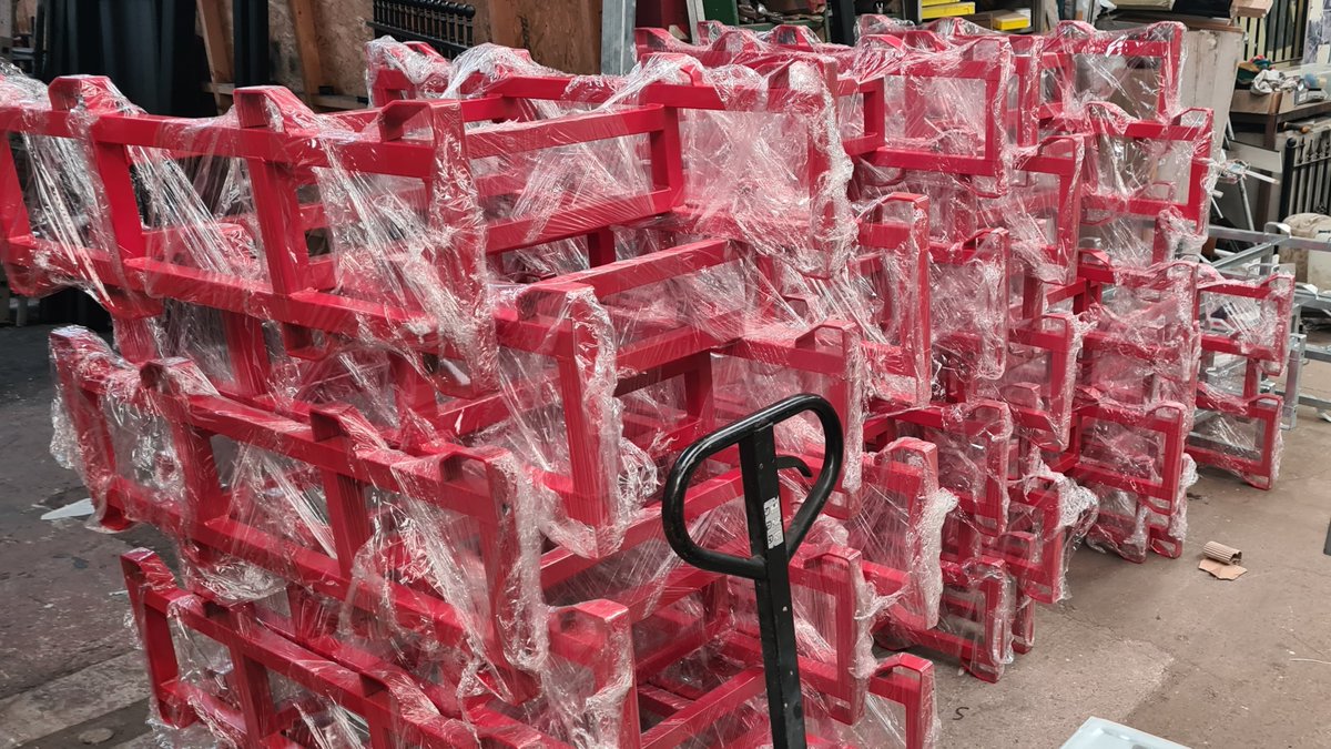 Grangefab's tweet photo. Half the Barrel rack order back from the powder coaters, looking really good! Lots of colors to kick the first half of the year off. More information on our double barrel racks: https://t.co/ywejqQ5A5B  #Craftbeer #Brewers #distilleries #Realale #barrelracks #sheffieldissuper https://t.co/q7Q40Obr9O