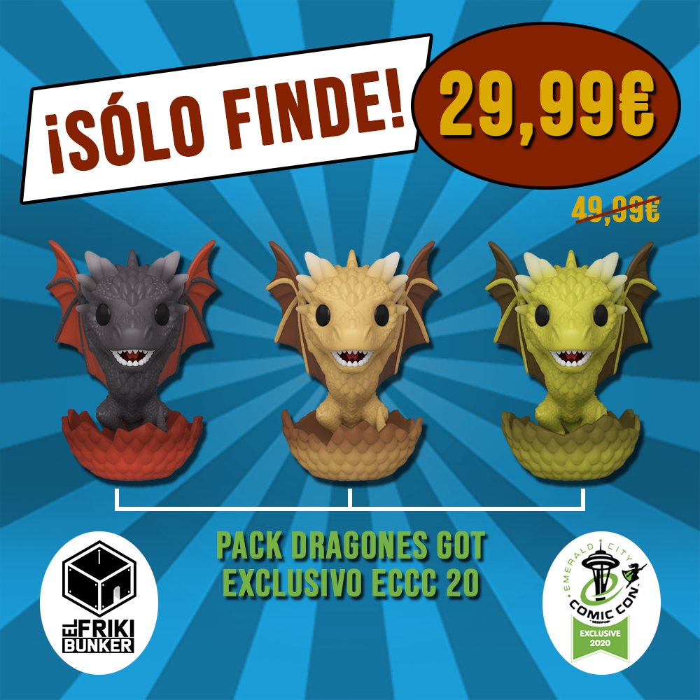 ElFrikiBunker's tweet photo. 📢 ¡¡ATENCIÓN!! Durante este fin de semana podréis conseguir el pack exclusivo de dragones #GOT de la #ECCC20 por 29,99€.😱

https://t.co/UyNhqLx5Mo 👈 ¡No os lo perdáis! #Oferta activa hasta el 28/03/21.

#juegodetronos #funko #funkoexclusive #funkopop #GameOfThrones https://t.co/hUIMe2eKrt