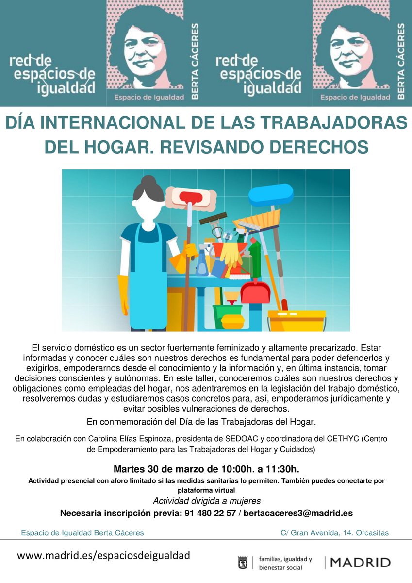 MadridIgualdad's tweet photo. Revisando derechos. Día Internacional de las Trabajadoras del Hogar
Encuentro en @EIBertaCaceres con @Caro_Elias_sv @sedoac #CETHYC
Martes 30 marzo, 10 h
Inscripciones: bertacaceres3@madrid.es
https://t.co/U6ziH9mTj5 https://t.co/oxMastmssC